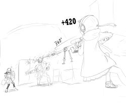 Rule 34 | !?, bipod, bolt action, call of duty, call of duty: modern warfare 2, character request, cheytac m200, commentary request, dragoon (girls&#039; frontline), firing, girls&#039; frontline, greyscale, gun, headphones, headshot, highres, luguodesanhao, m200 (girls&#039; frontline), m590 (girls&#039; frontline), meme, monochrome, ponytail, rifle, scope, shield, shoes, sniper rifle, sweatdrop, weapon