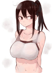 Rule 34 | 1girl, arms behind back, bare shoulders, breasts, brown eyes, brown hair, groin, highres, large breasts, long hair, navel, original, ponytail, rucchiifu, simple background, solo, sweat, white background