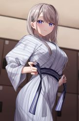 Rule 34 | 1girl, blue eyes, blush, breasts, chigusa minori, closed mouth, commentary request, hair ornament, hairclip, highres, indoors, japanese clothes, kimono, large breasts, locker, long hair, long sleeves, looking at viewer, saotome shino (shino to ren), shino to ren, silver hair, solo, swept bangs, wide sleeves, yukata