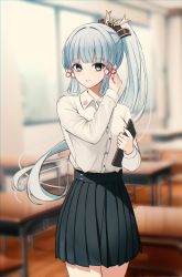 Rule 34 | 1girl, absurdres, ayaka (genshin impact), blouse, blue eyes, blue hair, blurry, blurry background, classroom, closed mouth, collared shirt, costone, desk, dress shirt, flower knot, genshin impact, hair ribbon, highres, holding, indoors, light blue hair, long hair, long sleeves, looking at viewer, pleated skirt, ponytail, ribbon, school desk, shirt, shirt tucked in, sidelocks, skirt, solo, tress ribbon, white shirt, window