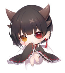 Rule 34 | 1girl, a20 (atsumaru), big head, black hair, black kimono, blush, brown eyes, chibi, commission, covered mouth, cross, cross earrings, demon girl, demon horns, demon wings, ear piercing, earrings, frilled sleeves, frills, full body, heterochromia, highres, horns, japanese clothes, jewelry, kimono, long sleeves, looking at viewer, mini wings, original, piercing, red eyes, shoes, short shorts, shorts, simple background, sleeves past fingers, sleeves past wrists, solo, white background, white footwear, white shorts, white wings, wide sleeves, wings