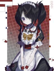 Rule 34 | 1girl, ame-chan (needy girl overdose), apron, bian cheng gou shouhu tuo ma xiansheng, black dress, black hair, bow, closed mouth, collared dress, cowboy shot, dress, glitch, hair over one eye, highres, long hair, looking at viewer, maid headdress, needy girl overdose, official alternate costume, puffy short sleeves, puffy sleeves, purple eyes, self-harm, self-harm scar, short sleeves, solo, standing, sweets paradise, twintails, white apron, window (computing), wrist cuffs, yellow bow