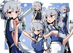 Rule 34 | 1girl, absurdres, apron, blue background, blue eyes, bow, braid, bright pupils, closed eyes, commentary, english commentary, green bow, grey hair, hair bow, highres, holding, izayoi sakuya, knife, maid, maid headdress, medium hair, multiple views, outline, short sleeves, side braids, spam (spamham4506), star (symbol), touhou, twin braids, waist apron, white apron, white outline, white pupils