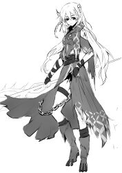 Rule 34 | 1girl, absurdres, alternate costume, arknights, arm wrap, bags under eyes, bare shoulders, boots, braid, chain, cuishui, eyjafjalla (arknights), frown, full body, fur boots, hand wraps, highres, holding, holding staff, horns, long hair, material growth, monochrome, oripathy lesion (arknights), side braid, sketch, solo, staff, standing, very long hair