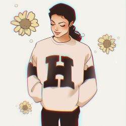 Rule 34 | 1boy, androgynous, black hair, black pants, brown sweater, chromatic aberration, closed eyes, cowboy shot, facing down, flower, grey background, hair behind ear, hands in pocket, highres, long hair, low ponytail, male focus, michael jackson, pants, parted lips, pirorin21century, real life, smile, solo, sunflower, sweater, yellow flower