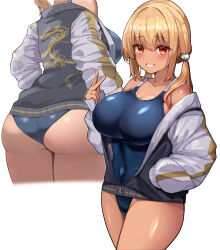 Rule 34 | 1girl, ass, black jacket, blonde hair, blue one-piece swimsuit, blush, breasts, commentary request, competition swimsuit, covered navel, dark-skinned female, dark skin, dragon print, gyaru, hair ornament, hand in pocket, heart, heart hair ornament, jacket, kihou no gotoku dmc, kogal, large breasts, long sleeves, looking at viewer, medium hair, multiple views, one-piece swimsuit, original, print jacket, red eyes, simple background, sleeves past wrists, smile, solo, sukajan, swimsuit, thighs, twintails, wedgie, white background, white sleeves