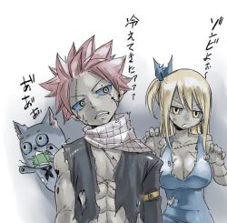 Rule 34 | 1girl, 2boys, blonde hair, blue sclera, breasts, cat, cleavage, collarbone, colored sclera, fairy tail, happy (fairy tail), head tilt, jacket, large breasts, lucy heartfilia, mashima hiro, medium hair, multiple boys, natsu dragneel, official art, open clothes, open jacket, open mouth, pink hair, scarf, simple background, sleeveless, teeth, torn clothes, translation request, upper body, white background, yellow eyes, zombie