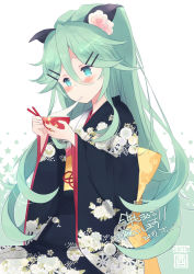 Rule 34 | 10s, blue eyes, blush, green hair, kantai collection, kimono, long hair, personification, smile, yamakaze (kancolle)