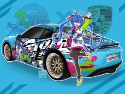 1girl absurdres ahoge animal_ears arm_up artist_logo blue_background blue_eyes blue_hair bodysuit bodysuit_under_clothes boots brown_bodysuit car clenched_hand commission crossed_bangs full_body heterochromia highres hood hoodie horse_ears horse_tail itasha jumping license_plate logo long_hair long_sleeves looking_at_viewer motor_vehicle multicolored_hoodie open_mouth outline porsche porsche_cayman purple_eyes sharp_teeth solo sorithespooky stuffed_animal stuffed_rabbit stuffed_toy tail teeth twin_turbo_(umamusume) twintails umamusume v-shaped_eyebrows white_outline yellow_boots