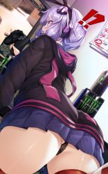Rule 34 | !?, 1girl, ass, black hoodie, black panties, blue skirt, blush, calendar (object), commentary request, cosplay, energy drink, from behind, hair ornament, headphones, highres, hood, hoodie, indoors, kantai collection, open mouth, panties, playstation controller, pleated skirt, purple eyes, purple hair, shimakaze (kancolle), shimakaze (kancolle) (cosplay), short hair, skirt, solo, striped clothes, striped thighhighs, tearing up, tears, television, thighhighs, thighs, thong, torisan, underwear, vocaloid, yuzuki yukari