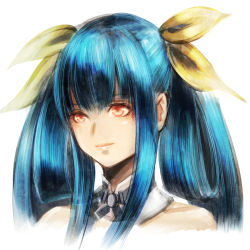 Rule 34 | 1girl, bare shoulders, blue hair, bow, closed mouth, collarbone, detached collar, dizzy (guilty gear), guilty gear, guilty gear xrd, hair between eyes, hair bow, orange eyes, portrait, simple background, solo, sushi (sashimise), twintails, white background, yellow bow