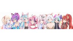 Rule 34 | 6+girls, :o, absurdres, animal ears, anyuu, apricot the lich, apricot the lich (1st costume), bell, black choker, black shirt, blue eyes, blue hair, blush, bow, breasts, brown eyes, cat ears, cat girl, choker, cleavage, cleavage cutout, clothing cutout, commentary, dragon girl, dragon horns, english commentary, everyone, flower, green eyes, green hair, grey sweater, hair flower, hair ornament, highres, hime hajime, hime hajime (1st costume), horns, indie virtual youtuber, ironmouse, ironmouse (1st costume), long hair, looking at viewer, m/, melody (projektmelody), melody (projektmelody) (4th costume), multiple girls, neck bell, nyatasha nyanners, off-shoulder sweater, off shoulder, one eye closed, pink bow, pink flower, pink hair, pink sweater, pointy ears, ponytail, purple eyes, red hair, shirt, short hair, silvervale, sleeves past wrists, smile, sweater, tongue, tongue out, v, v-shaped eyebrows, vei (vtuber), vei (vtuber) (sky empress), virtual youtuber, vshojo, wolf ears, wolf girl, zentreya, zentreya (dragon), zentreya (dragon) (1st costume)