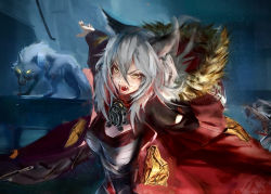 Rule 34 | 1girl, animal, animal ears, arknights, blood, blood from mouth, blood on face, blouse, breasts, combat knife, fur-trimmed hood, fur trim, glowing, glowing eyes, grey hair, grey shirt, highres, hood, jacket, knife, mask, mask around neck, medium breasts, medium hair, onesail3, open mouth, projekt red (arknights), red jacket, shirt, weapon, wolf, wolf ears, wolf girl, yellow eyes