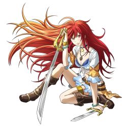 Rule 34 | 1girl, blue bra, boots, bra, bracelet, breasts, brown footwear, cleavage, collarbone, floating hair, highres, holding, holding sword, holding weapon, jewelry, knee boots, long hair, looking at viewer, medium breasts, midriff, necklace, red eyes, red hair, saber (weapon), shirt, simple background, solo, sword, tenkyou no alderamin, thigh strap, tied shirt, underwear, very long hair, weapon, white background, yatorishino xam