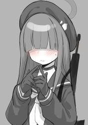 Rule 34 | 1girl, absurdres, beret, blue archive, blush, choker, covered eyes, gloves, grey background, greyscale, gun, hair over eyes, halo, hat, highres, justice task force member (blue archive), long hair, long sleeves, monochrome, neckerchief, open mouth, own hands together, pepsi2330, sailor collar, school uniform, serafuku, simple background, solo, upper body, weapon