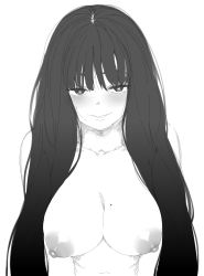 Rule 34 | 1girl, absurdres, blush, breasts, greyscale, hakai shin, highres, large breasts, leaning forward, long hair, looking at viewer, medium breasts, mole, mole on breast, monochrome, nipples, original, simple background, smile, solo, upper body, very long hair, white background
