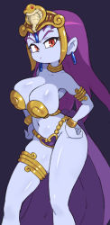 Rule 34 | 1girl, angry, armband, bikini, blue skin, bracelet, breasts, choker, cleavage, colored skin, dancer, earrings, flower, forehead jewel, gold bikini, hands on own hips, harem outfit, headdress, heart, jewelry, large breasts, long hair, looking to the side, navel, pelvic curtain, purple hair, red eyes, risky boots, shantae (series), shantae and the pirate&#039;s curse, standing, swimsuit, thigh strap, yuta agc