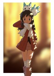 Rule 34 | 1girl, bad id, bad twitter id, black hair, blurry, blurry background, boots, border, closed mouth, coat, commentary request, creatures (company), dawn (pokemon), eyelashes, game freak, gen 4 pokemon, grey eyes, hand on own hip, hand up, highres, long hair, long sleeves, looking at viewer, nintendo, on head, outside border, over-kneehighs, pachirisu, pink footwear, pokemon, pokemon (creature), pokemon dppt, pokemon on head, pokemon platinum, red coat, scarf, thighhighs, white border, white scarf, white thighhighs, yoshi (moco1)