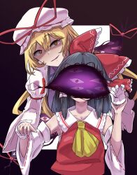 Rule 34 | 2girls, ascot, black background, blonde hair, bow, breasts, brown eyes, collared shirt, dress, elbow gloves, frilled bow, frilled hair tubes, frilled shirt collar, frills, gap (touhou), gloves, hair tubes, hakurei reimu, hat, hat bow, hat ribbon, highres, holding another&#039;s wrist, juliet sleeves, long hair, long sleeves, mob cap, multiple girls, open mouth, puffy sleeves, purple tabard, red ribbon, red shirt, ribbon, shirt, sidelocks, sleeveless, sleeveless shirt, small breasts, sweatdrop, tabard, touhou, very long hair, white dress, white gloves, white headwear, white sleeves, wide sleeves, yakumo yukari, yellow ascot, yellow ribbon, yet you