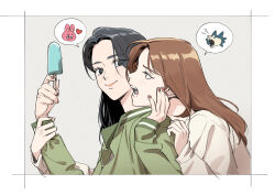 Rule 34 | 2girls, absurdres, black eyes, black hair, brown hair, brown nails, cho mi-yeon, closed mouth, commentary, food, g-i-dle, gracepago0314, green jacket, grey background, hand on another&#039;s arm, hand on another&#039;s face, hand on another&#039;s wrist, heart, highres, holding, holding another&#039;s wrist, holding food, holding ice cream, ice cream, jacket, long hair, long sleeves, multiple girls, real life, shirt, smile, spoken animal, white shirt, yeh shuhua, yuri
