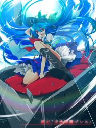 Rule 34 | 1girl, blue hair, boots, bow, cross-laced footwear, dress, hat, highres, hinanawi tenshi, holding, holding clothes, holding hat, holding skirt, knee boots, lace-up boots, long hair, looking down, nekominase, puffy short sleeves, puffy sleeves, red eyes, short sleeves, skirt, skirt tug, solo, touhou, very long hair
