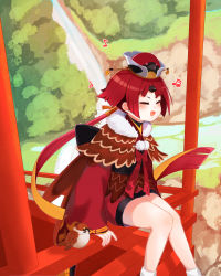 Rule 34 | 1girl, architecture, bare legs, benienma (fate), bird, bird hat, blonde hair, blush, capelet, cliff, closed eyes, collared capelet, commentary, dress, east asian architecture, fate/grand order, fate (series), fur-trimmed collar, fur trim, gradient hair, hat, highres, long sleeves, multicolored hair, musical note, open mouth, pom pom (clothes), ponytail, red capelet, red dress, red hair, red hat, short hair, sitting, sleeves past wrists, smile, socks, solo, sparrow, spoken musical note, teppie (hoi teppie), tree, water, waterfall, white socks, wide sleeves