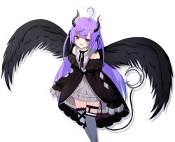 Rule 34 | 1girl, ahoge, black bow, black bowtie, black dress, black ribbon, black wings, blunt bangs, blush, bow, bowtie, collar, commentary request, cowlick, demon horns, demon tail, dress, feathered wings, feet out of frame, frilled dress, frills, grey collar, grey horns, grey thighhighs, hair ribbon, highres, horns, leg ribbon, long hair, looking at viewer, medium bangs, nanashi inc., no headwear, off-shoulder dress, off shoulder, open mouth, petticoat, purple hair, red eyes, ribbon, shisui kiki, shisui kiki (2nd costume), sleeve bow, sleeves past fingers, sleeves past wrists, smile, solo, tail, thighhighs, two side up, very long hair, virtual youtuber, wings, yamapiyo