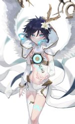 Rule 34 | 1boy, altummm, androgynous, artist name, black hair, blue hair, blurry, blurry background, braid, bridal gauntlets, capelet, chest tattoo, closed mouth, crop top, elbow gloves, feathered wings, floating, floating object, flower, genshin impact, gloves, gnosis (genshin impact), gradient hair, green eyes, hair flower, hair ornament, highres, hood, hood down, hooded capelet, leg tattoo, looking at viewer, male focus, midriff, multicolored hair, navel, short hair with long locks, shorts, side braids, sidelocks, simple background, single thighhigh, solo, tattoo, thighhighs, twin braids, venti (archon) (genshin impact), venti (genshin impact), white background, white flower, white shorts, white wings, wind, wings
