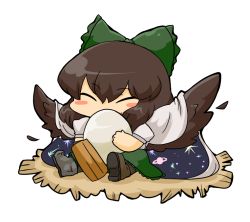 Rule 34 | 1girl, arm cannon, asymmetrical footwear, bad id, bad pixiv id, blush stickers, bow, brown hair, cape, chibi, closed eyes, egg, female focus, hair bow, mismatched footwear, nest, nura (oaaaaaa), reiuji utsuho, sitting, solo, touhou, transparent background, weapon, wings