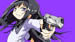 Rule 34 | 10s, 1girl, akemi homura, black hair, clenched teeth, from side, gun, hairband, long hair, mahou shoujo madoka magica, mahou shoujo madoka magica (anime), oekaki, official style, outstretched arm, perikan shokunin, purple eyes, school uniform, serious, solo, teeth, weapon