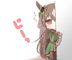 Rule 34 | 1girl, animal ears, black thighhighs, blush, brown eyes, brown hair, closed mouth, commentary request, dress, frilled sleeves, frills, green dress, hair between eyes, hand up, heart, horse ears, long hair, long sleeves, looking at viewer, peeking out, ridy (ri sui), satono diamond (umamusume), sleeves past fingers, sleeves past wrists, solo, standing, thighhighs, translation request, umamusume, very long hair, white background