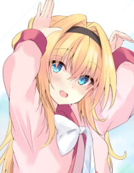 Rule 34 | 1girl, absurdres, arms up, black hairband, blonde hair, blue background, blue eyes, blush, bow, breasts, chitose sana, commentary request, crossed bangs, eyes visible through hair, fang, hair between eyes, hair intakes, hairband, highres, long hair, long sleeves, looking at viewer, open mouth, pink shirt, purunyara, rabbit pose, school uniform, shirt, sidelocks, simple background, small breasts, smile, solo, tenshinranman, upper body, white bow