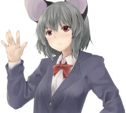 Rule 34 | 1girl, alternate costume, animal ears, black jacket, blazer, blush, bow, bowtie, buttons, closed mouth, collared shirt, eyebrows, formal, grey hair, jacket, long sleeves, looking at viewer, mouse ears, nazrin, netamaru, red bow, red bowtie, red eyes, serious, shirt, short hair, simple background, solo, suit, sweatdrop, touhou, upper body, white background, white shirt, wing collar, ||/
