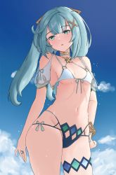 Rule 34 | 1girl, absurdres, adapted costume, aqua hair, arm at side, bare shoulders, bikini, blue sky, bracelet, breasts, clothing cutout, cloud, cowboy shot, criss-cross halter, detached sleeves, faruzan (genshin impact), front-tie top, genshin impact, gold choker, gold trim, green eyes, groin, hair ornament, halterneck, hand on own hip, highleg, highleg bikini, highres, honey boba, jewelry, long hair, looking at viewer, mismatched bikini, multi-strapped bikini, navel, o-ring, o-ring top, parted lips, ring, shoulder cutout, side-tie bikini bottom, sidelocks, sky, small breasts, solo, stomach, string bikini, swimsuit, symbol-shaped pupils, thighlet, thighs, twintails, wet, x hair ornament