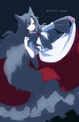 Rule 34 | 1girl, animal ears, anime coloring, artist name, brooch, dated, dress, frills, highres, imaizumi kagerou, jewelry, layered dress, long hair, long sleeves, looking at viewer, namauni, red eyes, simple background, smile, solo, tail, touhou, wide sleeves, wolf ears, wolf tail