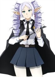 Rule 34 | 1girl, anchovy (girls und panzer), anchovy (girls und panzer) (cosplay), anzio school uniform, belt, black belt, black cape, black necktie, blue skirt, cape, closed mouth, commentary, cosplay, cowboy shot, dress shirt, drill hair, earrings, frieren, girls und panzer, green eyes, grey hair, highres, holding riding crop, jewelry, light frown, long hair, long sleeves, looking at viewer, messy hair, miniskirt, necktie, omachi (slabco), pantyhose, pleated skirt, pointy ears, riding crop, school uniform, shirt, simple background, skirt, solo, sousou no frieren, standing, twin drills, twintails, white background, white pantyhose, white shirt, wing collar