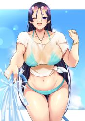 Rule 34 | 1girl, artist request, bangle, bikini, blue bikini, blue bra, blue panties, bra, bracelet, breasts, cleavage, collarbone, fate/grand order, fate (series), heart, heart-shaped eyewear, highres, hose, jewelry, large breasts, long hair, looking at viewer, minamoto no raikou (fate), nails, navel, one eye closed, open mouth, panties, parted bangs, purple eyes, purple hair, shirt, solo, swimsuit, thick thighs, thighs, underwear, very long hair, wet, wet clothes, wet shirt, wink