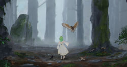 Rule 34 | 1girl, absurdres, bird, cat, ceres fauna, cloud, cloudy sky, clover (ceres fauna), dress, forest, green hair, hair ornament, highres, hololive, hololive english, long sleeves, nature, owl, rain, sky, snail (ceres fauna), toren 2p2t, virtual youtuber, white dress