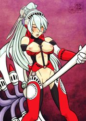 Rule 34 | 1girl, alternate color, artist name, atlus, axe, blush, bra, breasts, commission, crotch rub, female focus, female masturbation, grinding, labrys (persona), large breasts, long hair, masturbation, megami tensei, my pet tentacle monster, nipples, no panties, one eye closed, open mouth, persona, persona 4, persona 4: the ultimate in mayonaka arena, pink background, ponytail, pussy, pussy juice, shadow (persona), shelf bra, shin megami tensei, solo, sweat, uncensored, underwear, watermark, weapon, yellow eyes