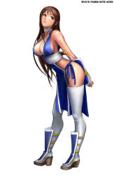 Rule 34 | 1girl, arms behind back, bent over, breasts, brown eyes, brown hair, cleavage, dead or alive, kasumi (doa), large breasts, leaning forward, legs, loincloth, long hair, long loincloth, pelvic curtain, ryu (ryu&#039;s form site), simple background, solo, standing, tecmo, thighhighs, weapon, white thighhighs