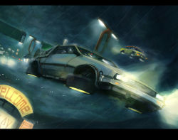 Rule 34 | asterisk kome, back to the future, car, cloud, delorean, dutch angle, flying, motor vehicle, night, night sky, rain, science fiction, sky, taxi, vehicle, vehicle focus