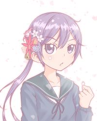 Rule 34 | 1girl, :o, akebono (kancolle), bell, black sweater, blue flower, blush, breasts, collarbone, flower, green sailor collar, hair bell, hair flower, hair ornament, highres, holding, jingle bell, kantai collection, long hair, long sleeves, looking at viewer, parted lips, petals, pink flower, pori (poritan81), purple eyes, purple hair, red flower, sailor collar, school uniform, serafuku, side ponytail, solo, sweater, upper body, white background