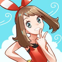 Rule 34 | 1girl, bow hairband, brown hair, cloud, commentary request, creatures (company), eyelashes, fanny pack, ffccll, game freak, grin, hairband, hand up, highres, looking at viewer, may (pokemon), nintendo, outdoors, pokemon, pokemon oras, shirt, sky, sleeveless, sleeveless shirt, smile, solo, teeth, upper body, v, wind, yellow bag