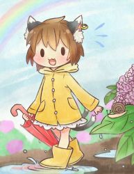 Rule 34 | 1girl, alternate costume, animal ears, blush, boots, brown hair, cat ears, cat tail, chen, closed umbrella, earrings, fang, flower, gradient background, hydrangea, ibaraki natou, jewelry, multiple tails, nekomata, puddle, rainbow, raincoat, rubber boots, short hair, single earring, snail, solo, tail, touhou, two tails, umbrella, yellow footwear