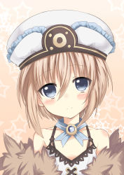 Rule 34 | 10s, 1girl, absurdres, bare shoulders, blanc (neptunia), blue eyes, blush, brown hair, close-up, fur trim, hat, highres, looking at viewer, neptune (series), short hair, smile, solo, zero-theme