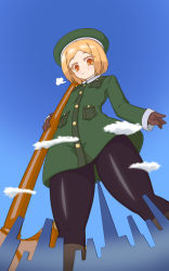 Rule 34 | absurdres, axe, beret, blonde hair, building, child, city, cloud, fate/grand order, fate (series), from below, giant, giantess, gloves, hat, highres, huge giantess, jacket, orange eyes, paul bunyan (fate), puffing, sky, skyline, smile, teji-ento