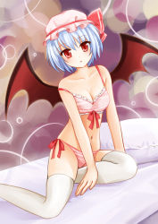 Rule 34 | 1girl, bad id, bad pixiv id, bed, blue hair, blush, bra, breasts, cleavage, female focus, hat, hat ribbon, lingerie, navel, nikoo, panties, pillow, red eyes, remilia scarlet, ribbon, short hair, small breasts, solo, staring, striped bra, striped clothes, striped panties, thighhighs, touhou, underwear, underwear only, wings