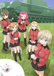 Rule 34 | 5girls, assam (girls und panzer), black footwear, black ribbon, black skirt, blonde hair, blue eyes, blue sky, boots, bow, braid, brown eyes, brown hair, chair, churchill (tank), clear sky, closed mouth, commentary request, cup, darjeeling (girls und panzer), day, drinking, epaulettes, girls und panzer, grass, hair bow, hair over shoulder, hair pulled back, hair ribbon, hand on own hip, holding, holding cup, holding saucer, jacket, knee boots, long hair, long sleeves, looking at viewer, medium hair, military, military uniform, military vehicle, miniskirt, motor vehicle, muichimon, multiple girls, one eye closed, open mouth, orange hair, orange pekoe (girls und panzer), outdoors, parted bangs, partial commentary, pleated skirt, red bow, red eyes, red hair, red jacket, ribbon, rosehip (girls und panzer), rukuriri (girls und panzer), saucer, short hair, single braid, sitting, skirt, sky, smile, st. gloriana&#039;s military uniform, standing, table, tank, tea, teacup, teapot, twin braids, uniform