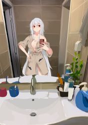 Rule 34 | 1girl, arknights, bathroom, breasts, brown coat, cleavage, coat, commentary, cowboy shot, dated commentary, highres, holding, holding phone, inniyik, long hair, long sleeves, looking at mirror, medium breasts, mirror, no panties, off shoulder, official alternate costume, phone, red eyes, reflection, selfie, shirt, short shorts, shorts, silver hair, sink, skadi (arknights), solo, standing, stomach, taking picture, thighs, toothbrush, very long hair