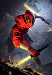 Rule 34 | 1boy, 3d, absurdres, blurry, blurry background, child, commentary, deadpool (movie), deadpool (series), debris, energy sword, english commentary, fantasy, gloves, guoxiaochen, highres, hood, hoodie, kid deadpool, lightsaber, looking at viewer, male focus, marvel, marvel cinematic universe, red gloves, red hoodie, rubble, solo, sword, weapon, yellow lightsaber